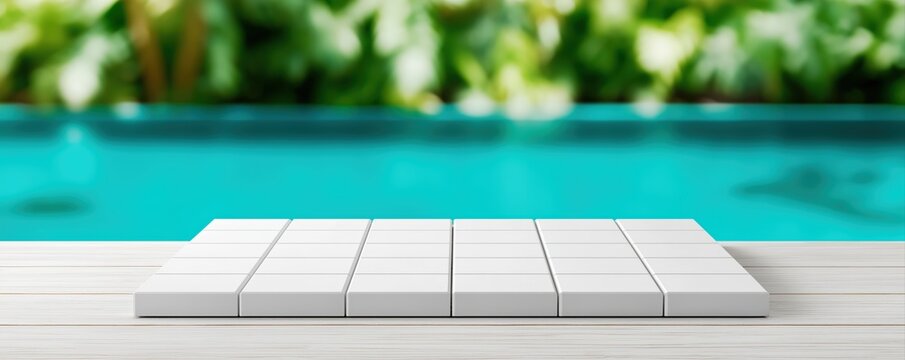 White tiled podium on a wooden table with a blurred swimming pool and lush greenery creating a relaxing summer product display scene