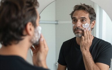 Man applies shaving cream, gazing into mirror while smoothing face in bright bathroom setting.