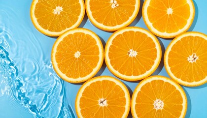 鮮やかなオレンジスライスを並べた爽やかなフルーツビジュアル。みずみずしい水しぶきが夏らしさと清涼感を演出。食品、健康、ドリンク、広告背景に使いやすい明るい写真素材。