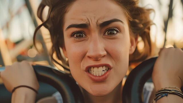 Young Woman Scared on Roller Coaster Ride Extreme Fear Excitement