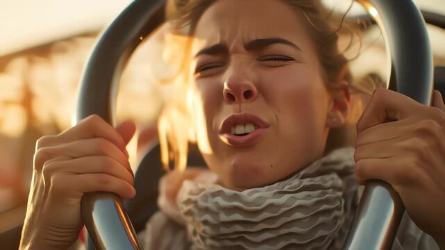 Young woman on a roller coaster scared screaming in terror at sunset