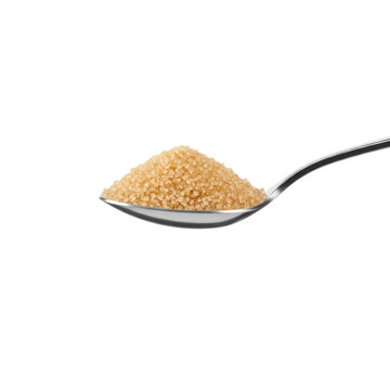 Gleaming polished silver tablespoon with a neat mound of fine brown granulated sugar, isolated on transparent with copy space, soft studio light, close-up macro concept of culinary precision