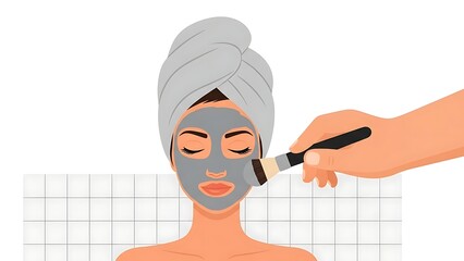 Woman Applying Clay Face Mask with Brush for Skincare Routine.