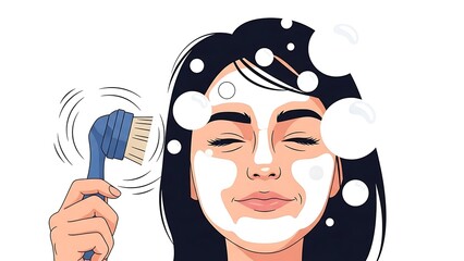 Woman applying facial mask with cleansing brush and foam.