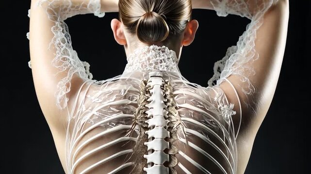Woman in a translucent, skeletal-patterned garment