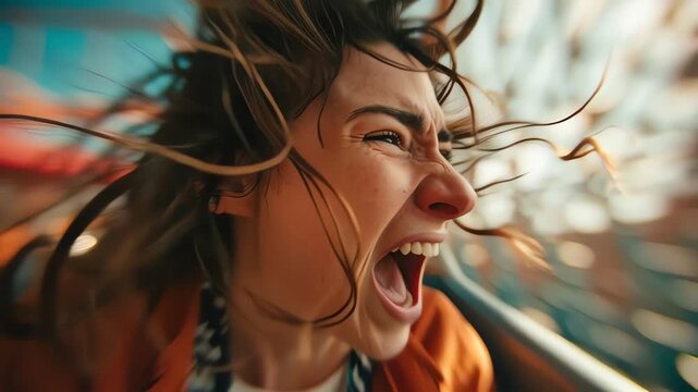 Young woman scared screaming on roller coaster ride at amusement park