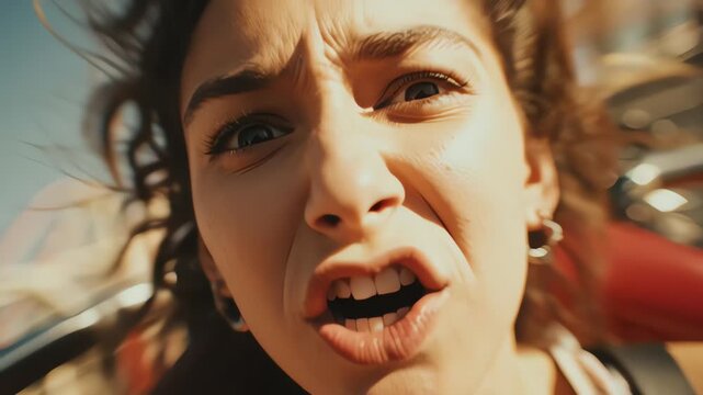 Young woman scared screaming on a thrilling roller coaster ride