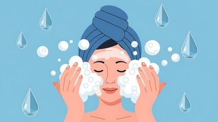Woman Cleansing Face with Foam and Water Droplets.