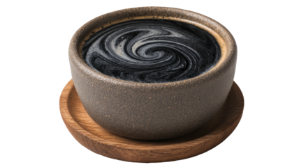 Dark liquid swirls in a textured brown bowl on a wooden coaster