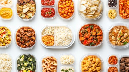 Prepared meals, variety, plastic containers, overhead, white background, meal prep