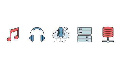 Digital media and data technology icons vector illustration: music, headphones, cloud podcasting, server racks, and database symbols.