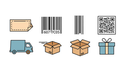 E-commerce Delivery and Shipping Icon Set. Logistics, Parcel Tracking, Barcode, QR Code, Truck, and Gift Box Illustrations.