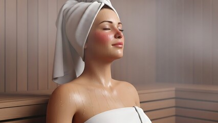 Woman Relaxing in a Steamy Sauna with Towel Wrapped Around Her Head.