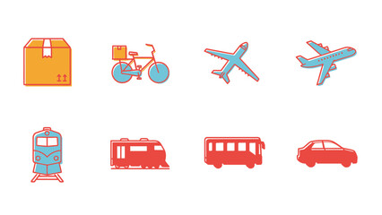 Transport and logistics vector icons set: package, delivery bicycle, airplane, train, bus, car. Modern flat illustrations for shipping.