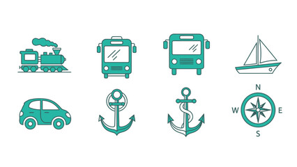Flat design vector icon set featuring travel, transportation, and navigation symbols: train, bus, car, sailboat, anchors, compass.