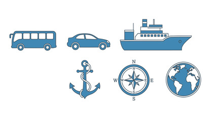Collection of travel and transportation icons featuring bus, car, ship, anchor, compass rose, and world globe symbol