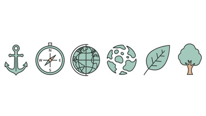Travel, Nature, and Global Exploration Line Icons Set: Anchor, Compass, Earth Globes, Leaf, Tree. Simple Vector Graphics.