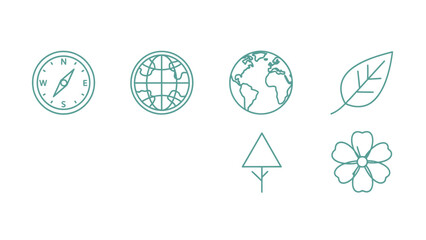 Nature and Travel Line Art Icons Set. Minimalist outline symbols of compass, globe, leaf, tree, and flower.