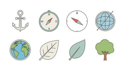 Travel, Navigation & Nature Icons Set: Anchor, Compass, Globe, Earth, Leaves, Tree. Flat Hand-Drawn Vector Pack.