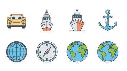 Travel and Navigation Vector Icons Set. Car, Ships, Anchor, Compass, Globe Earth. Transportation, Journey, Exploration Symbols.