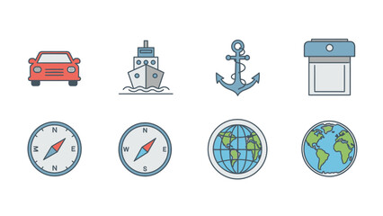 Travel and Navigation Icons Set: Car, Ship, Anchor, Calendar, Compass, and Globe. Flat vector design for adventure and journey.