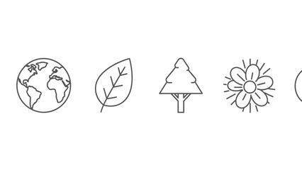 Nature and Environment Outline Icons Set. Collection of Eco-Friendly Line Art Symbols: Earth, Leaf, Tree, Flower. Sustainable Design Elements.