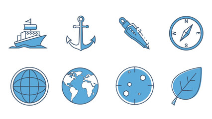 Travel and Exploration Icon Set with Ship, Anchor, Compass, Globes, Moon, Diving Knife, and Leaf. Vector Illustration.