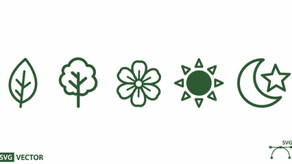 Minimalist green vector icons set. Leaf, tree, flower, sun, moon, and star symbols representing nature and celestial elements.