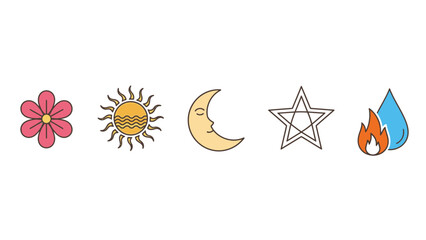 Colorful Line Art Icons Set: Sun, Moon, Star, Flower, Fire, Water Symbols. Mystical, Nature & Celestial Elements Vector Graphics.