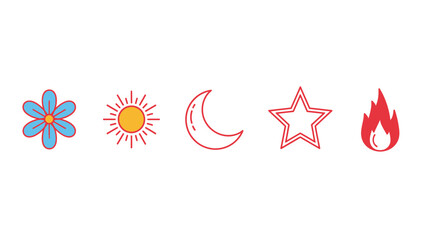 Groovy retro 70s style vector icons set. Vintage hippie aesthetic symbols including flower, sun, moon, star, and flame.