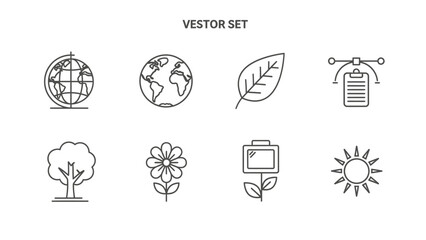 Ecology and Nature Line Art Icons Set: Globe, Earth, Leaf, Tree, Flower, Sun. Sustainable Environment Vector Graphics Collection.