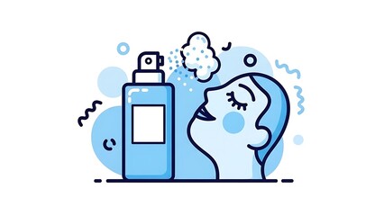 Woman spraying face with refreshing mist from a bottle.