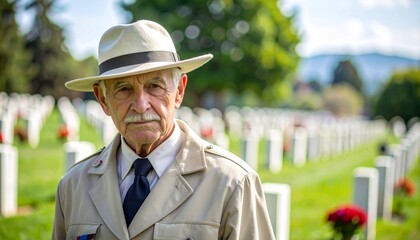 American Senior War Veteran saluting his fallen comrades graves at a cemetery.