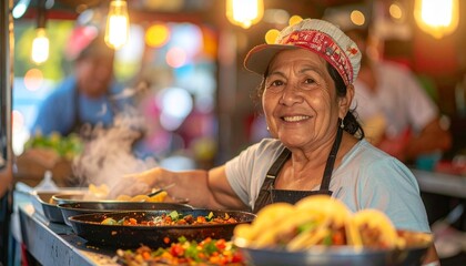 Mexican woman working at a street taco shop