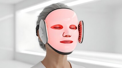 Woman wearing a red LED light therapy facial mask for skincare treatment.
