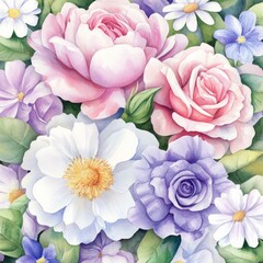 Pastel roses, daisies, garden, watercolor, floral, design, print, background, fabric, textile