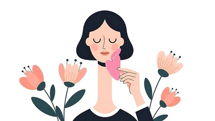 Woman with Closed Eyes Gently Touching Her Face with a Pink Tool Surrounded by Flowers.