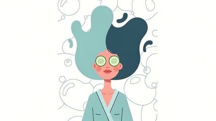 Woman with Cucumber Slices on Eyes and Splashing Hair.