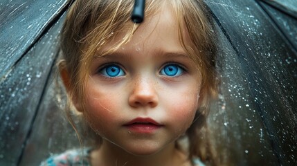 Girl, rain, umbrella, portrait, outdoors, closeup, innocence, childhood, droplets,  wet