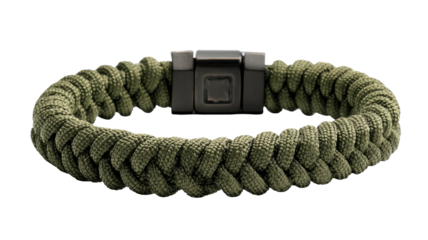 Olive green woven paracord bracelet with a dark metal clasp, centered