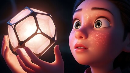 Young Girl Amazed by Glowing Geometric Orb in Dark Fantasy Setting.