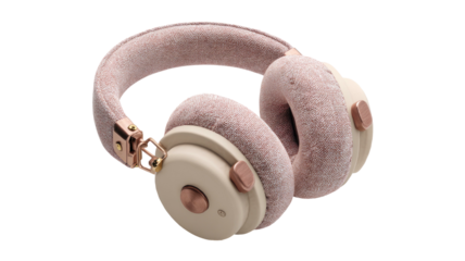 Soft pink headphones, padded headband, cream earpads, copper accents on black