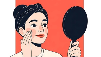 Young Woman Applying Skincare Product to Her Cheek While Looking in Mirror.