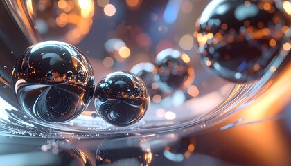 Abstract Chrome Spheres with Bokeh Lights, Futuristic Metallic Design