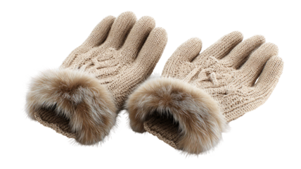 Beige knit gloves with furry cuffs, lying side-by-side on a dark background