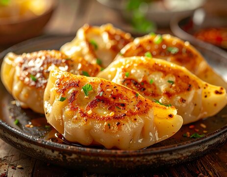 Extreme close-up of golden pan seared momos revealing subtle crispy texture on the base and soft dough above, realistic highlights and shadows, cinematic food photography, professional studio lighting