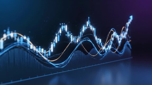 Blue financial chart with glowing candlestick and line graph showing upward trend and dynamic data visualization evoking optimism trading analysis + digital data visualization with glowing