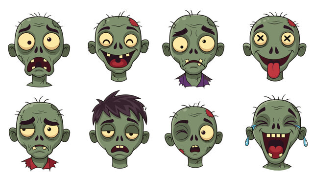 Collection of eight different cartoon zombie faces, each with unique expressions. Each face features a green skin tone and distinct facial features