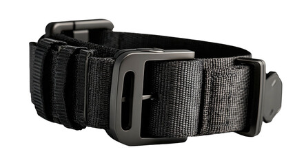 Dark textured nylon strap with a squared gunmetal buckle and multiple loops