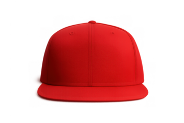Red baseball cap with flat brim, blank template and snapback design, ready for branding or customization on transparent background